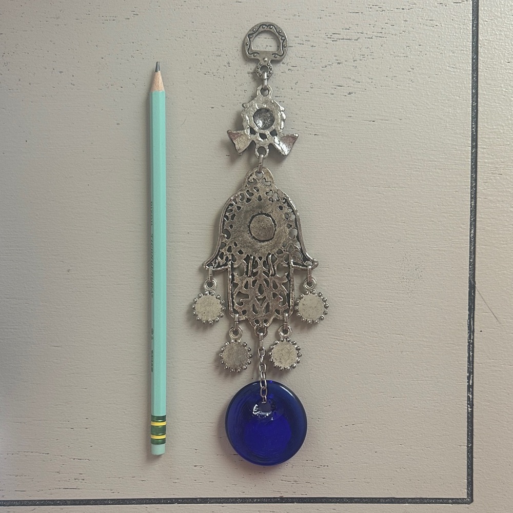 Ornate Silver Hamsa Wall Decor with Blue Accent - Picture 5 of 5